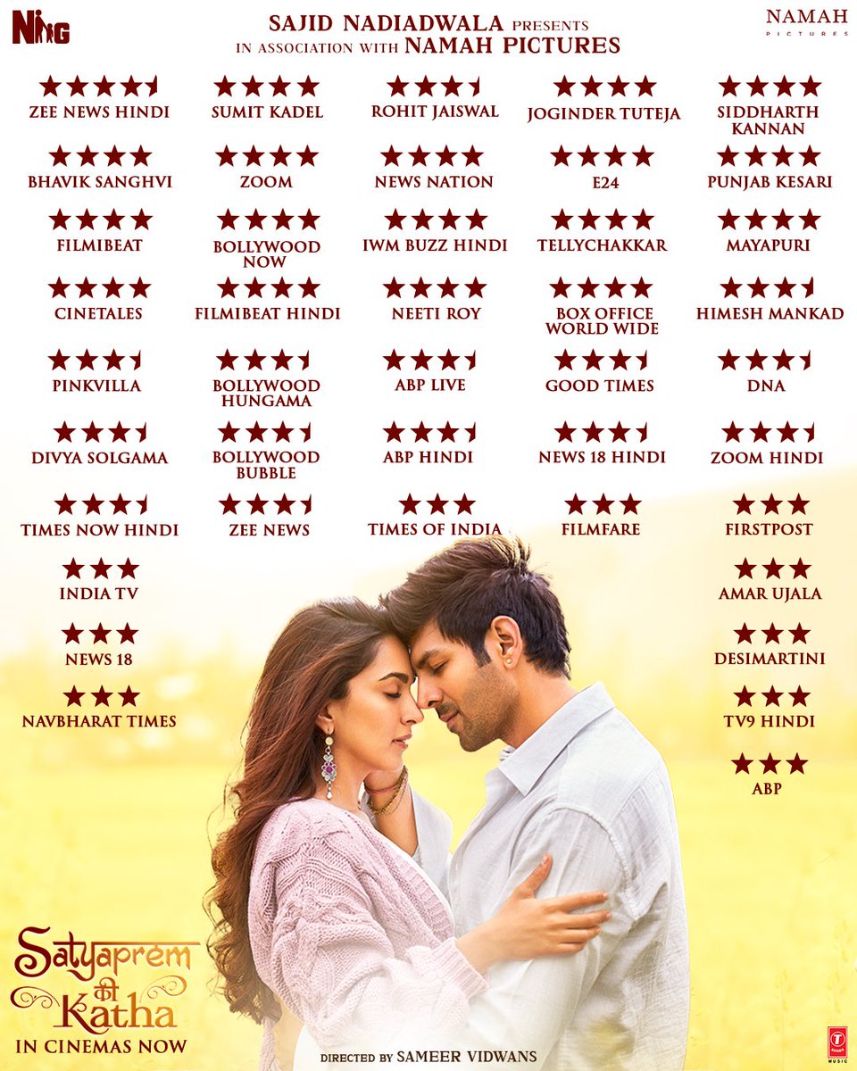 Pure love winning hearts and stars! 🤍✨ Thank you for loving Sattu & Katha! #SatyaPremKiKatha IN CINEMAS NOW #SajidNadiadwala #SatyaPremKiKatha @TheAaryanKartik @advani_kiara @sameervidwans @shareenmantri @karandontsharma @DoP_Bose @Acharya1Ganesh @NGEMovies @namahpictures…