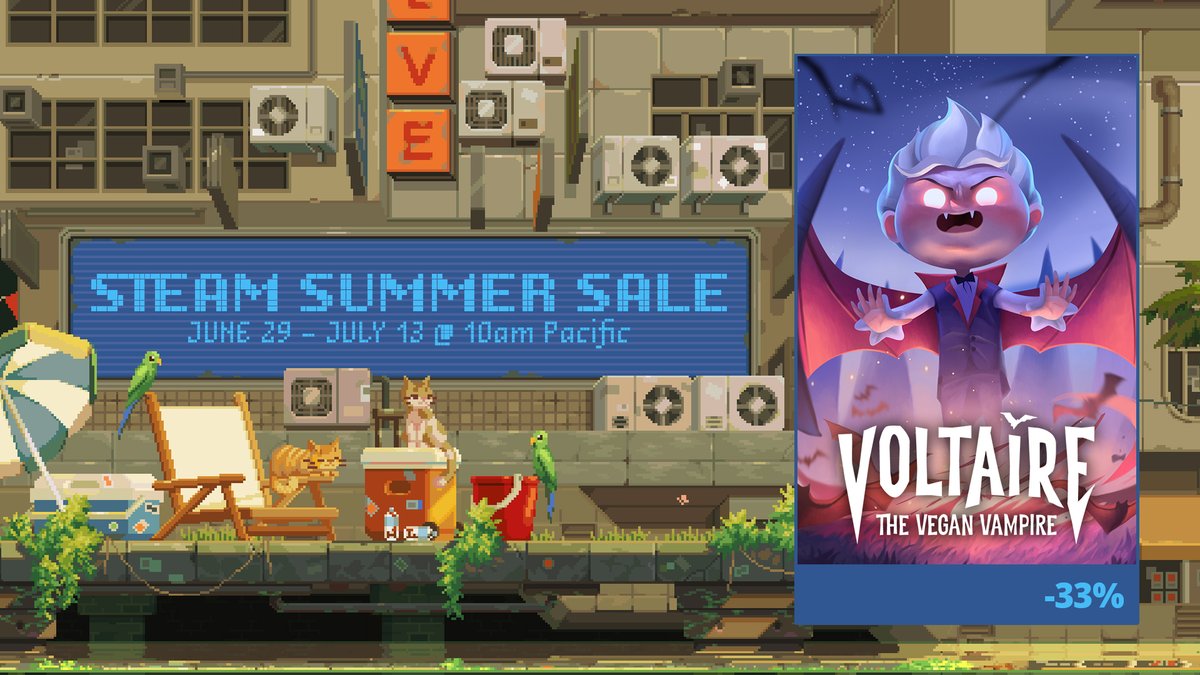 DigitalityGames's tweet photo. Summer's here, and so is the Steam #SummerSale!

While some of us prefer to avoid getting a tan and finding sand in our capes, we are celebrating the season with the biggest discount ever for Voltaire!

Check it out! 😊
https://t.co/ZY9segXvDd
#IndieGame #IndieGaming #Roguelike https://t.co/7R8VB3so4i