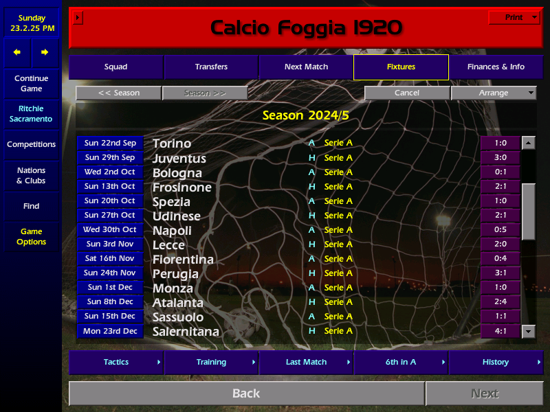 ....Foggia remain relatively consistent(bar the odd scudding) and enjoy a comfortable mid table position in Serie A as we enter 2025.....#CM0102