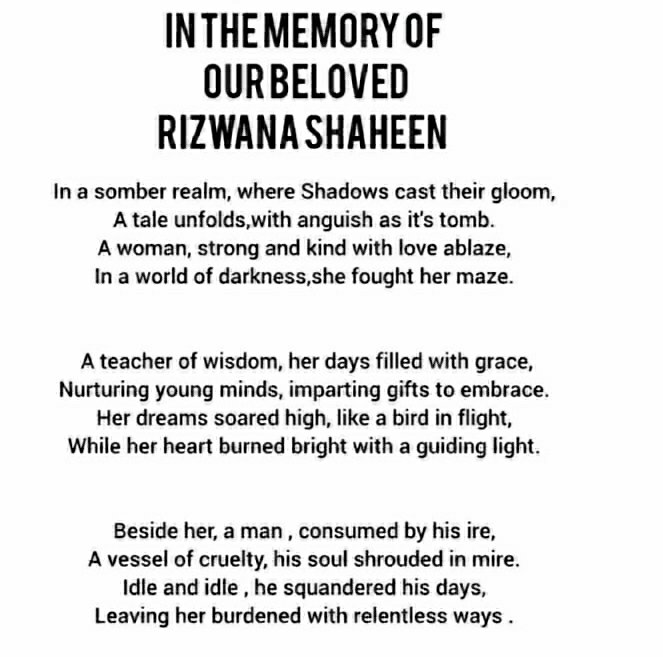 NadiaKhan06's tweet photo. Her dreams extinguished, her spirit now gone,
A life once cherished, abruptly withdrawn.
.
May  justice rise like a phoenix from her grave,
Unmasking the monster, the craven, the slave. https://t.co/fB2aWJEf6H