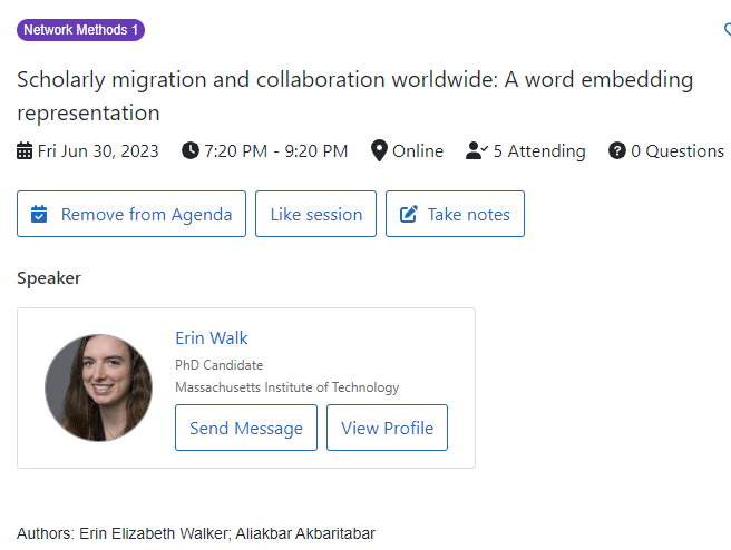 At <a href="/SocNetAnalysts/">INSNA</a> #Sunbelt2023

I presented work with @andres9886 and @lariviev on "A global bibliometric perspective on the social structure of science"

<a href="/walk_erin/">Erin Walk</a> presented our work on "Scholarly migration and collaboration worldwide: A word embedding representation"