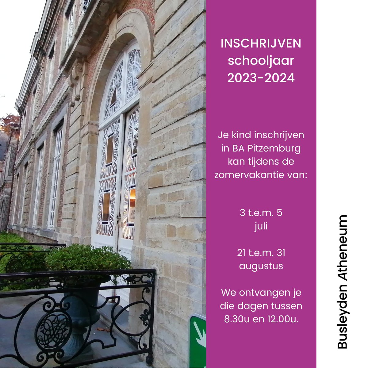 BAPitzemburg's tweet image. Leerlingen die interesse tonen in het pedagogisch project van BA Pitzemburg en zich nog willen inschrijven voor het schooljaar 23-24, kunnen tijdens de zomervakantie enkel fysiek op school terecht. Meer info, zie 👇. @GO_onderwijs  #helemaalGO #BusleydenAtheneum @StadMechelen