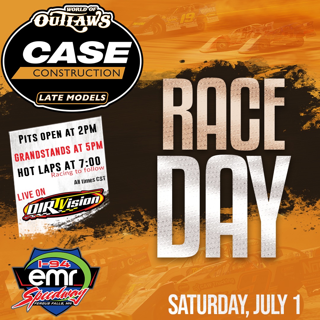 WoOLateModels's tweet image. 𝙍𝘼𝘾𝙀 𝘿𝘼𝙔!

World of Outlaws Heartland Speedweek finishes up for the World of Outlaws @CaseCE Late Models with a stop at I-94 EMR Speedway! #DirtWork

📍: Fergus Falls, MN
🎟: bit.ly/3NE9HDz
📺: @dirtvision 
⏰: @MyRacePass