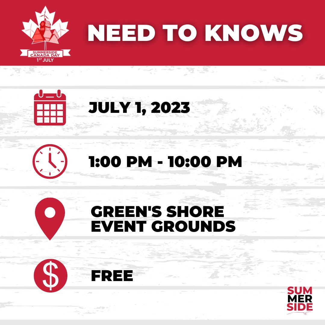 summersidePEI's tweet image. 🇨🇦📣 CANADA DAY AT GREEN’S SHORE 📣🇨🇦 

Today’s the day! Join us at the event grounds beginning at 1:00 PM. Entertainment/Event lineup ⤵️

#Summerside