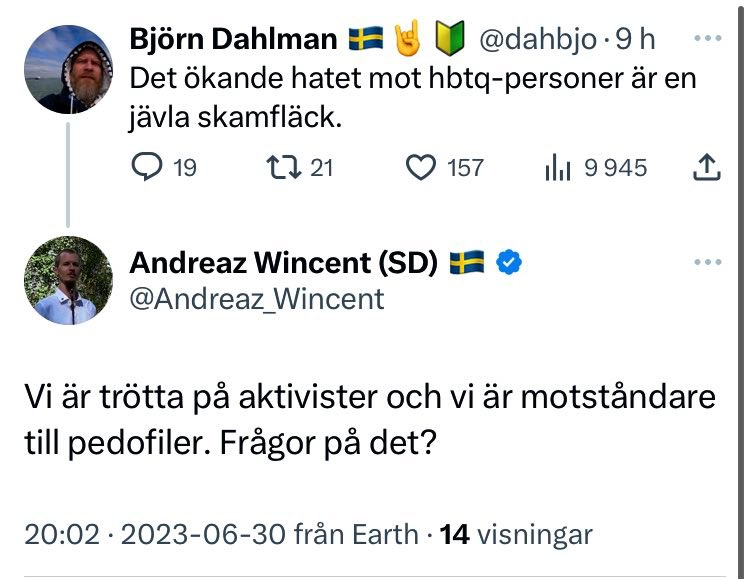 olaspannar's tweet photo. När jag ser det samhällsklimat som växer fram i Sverige känner jag oro för hbtq-personer i min närhet. I förrgår slet två killar ner regnbågsflaggan under Västerås Pride och krossade ansiktet på en person som försökte ingripa https://t.co/4QTBB7zyqt