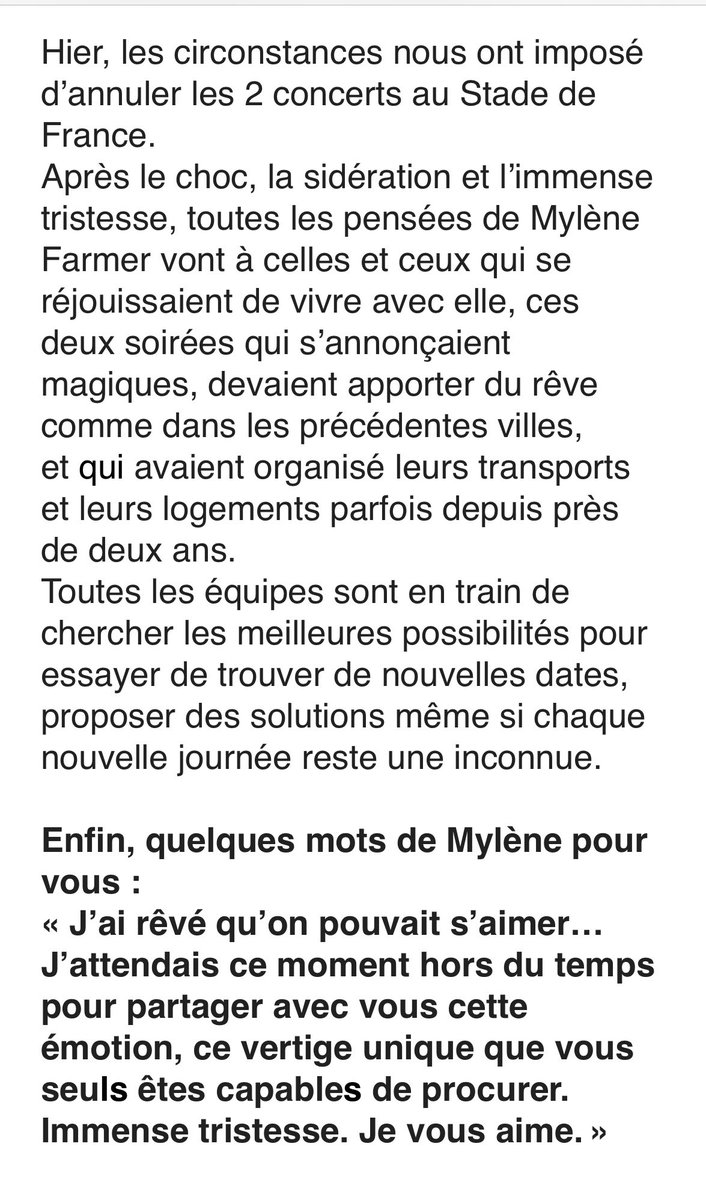 Communiqué de Thierry Suc manager et producteur du spectacle de #mylenefarmer