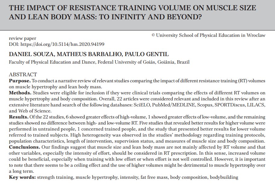 Mangan150's tweet image. "muscle size and lean body mass are not mainly affected by resistance training volume and that other variables, especially the intensity of effort, should be considered in resistance training prescription."

Train hard, but briefly and no more than 2-3 times a week.