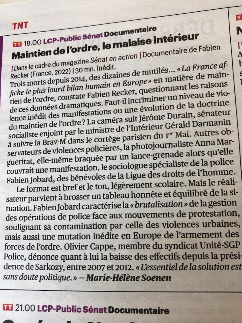 Notre doc (26') "Maintien de l'ordre, le malaise intérieur" repéré par Télérama 
Ce soir à 18h sur <a href="/publicsenat/">Public Sénat</a> et en replay ici youtu.be/kTL-nQSEDeQ