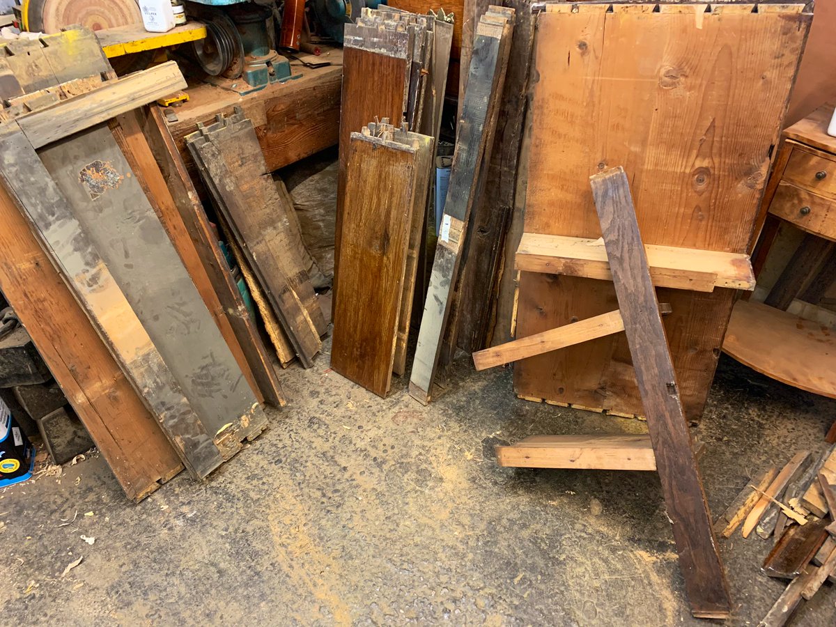 Late 18th century oak/walnut chest n chest in for restoration.  Carcass complete dismantled due to every joint dried out and loose . Now time to start rebuilding back  together . After coffee though 

#antiques #restoration