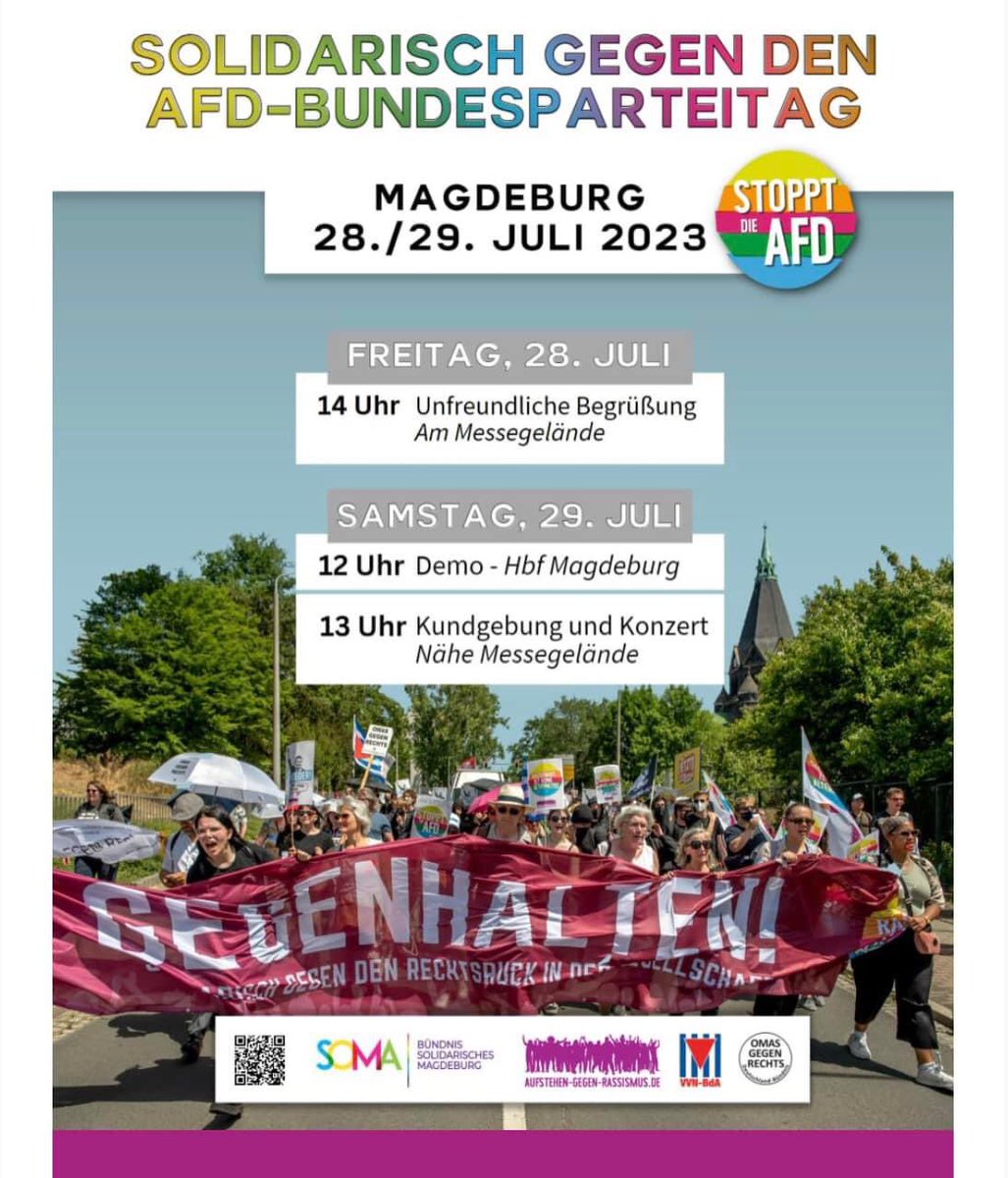 Wer kann am 29/30 Juli 2023 nach Magdeburg, zeigen wir #wirsindmehr #fckafd #KlareKantegegenRechts #Antifas #AfdistkeineAlternative Bitte Teilen! Danke❤️