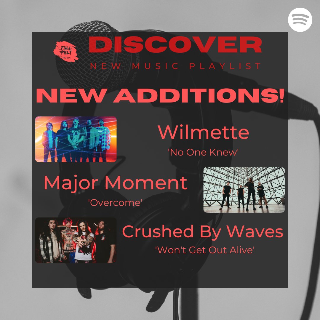 Full Pelt Music (@fullpeltmusic) on Twitter photo NEW ADDITIONS to our 'Discover' New Music Playlist:
<a href="/wilmetteband/">Wilmette (writing mode 🤔📝)</a> - 'No One Knows'
<a href="/majormomentband/">Major Moment</a> - 'Overcome'
<a href="/crushedbywaves/">Crushed By Waves</a> - 'Won't Get Out Alive'
Listen, Follow & Discover your new favourite act 👇
spoti.fi/3Hikson NEW ADDITIONS to our 'Discover' New Music Playlist:
<a href="/wilmetteband/">Wilmette (writing mode 🤔📝)</a> - 'No One Knows'
<a href="/majormomentband/">Major Moment</a> - 'Overcome'
<a href="/crushedbywaves/">Crushed By Waves</a> - 'Won't Get Out Alive'
Listen, Follow & Discover your new favourite act 👇
spoti.fi/3Hikson