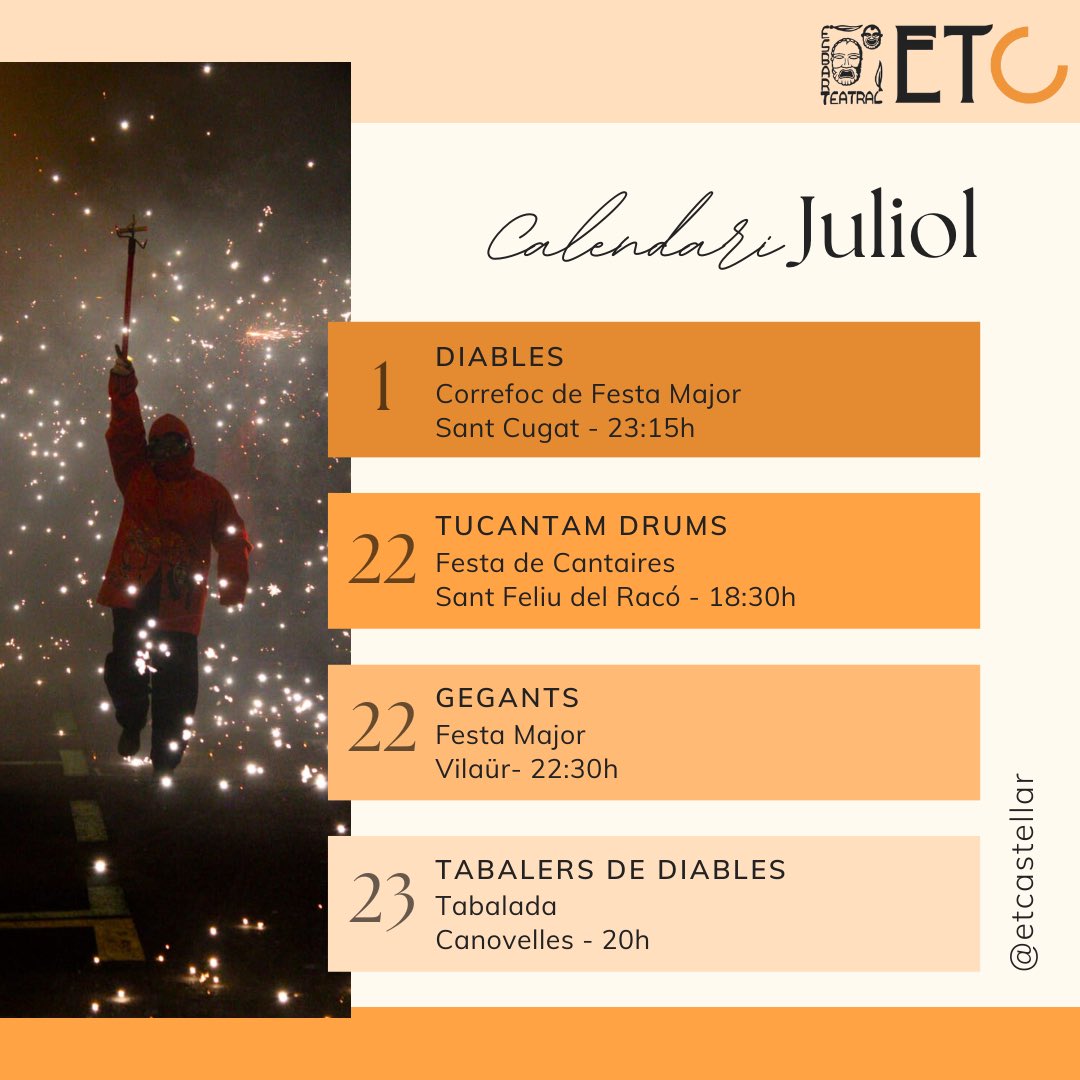 ETCastellar's tweet image. Ja heu vist el calendari de l’ETC? Aquest mes arriba ben calentet amb activitats de tota mena 🥁🔥🌞