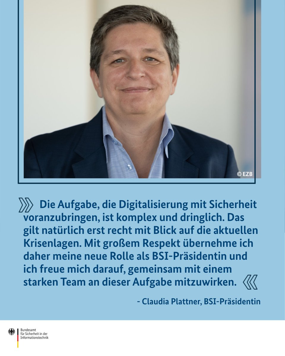 BSI_Bund's tweet photo. Wir begrüßen unsere neue Präsidentin Claudia Plattner - herzlich willkommen bei uns im BSI! Wir freuen uns sehr! 😊

Mehr: 👉https://t.co/v0ifUXbwQa https://t.co/qUFpp90o0o