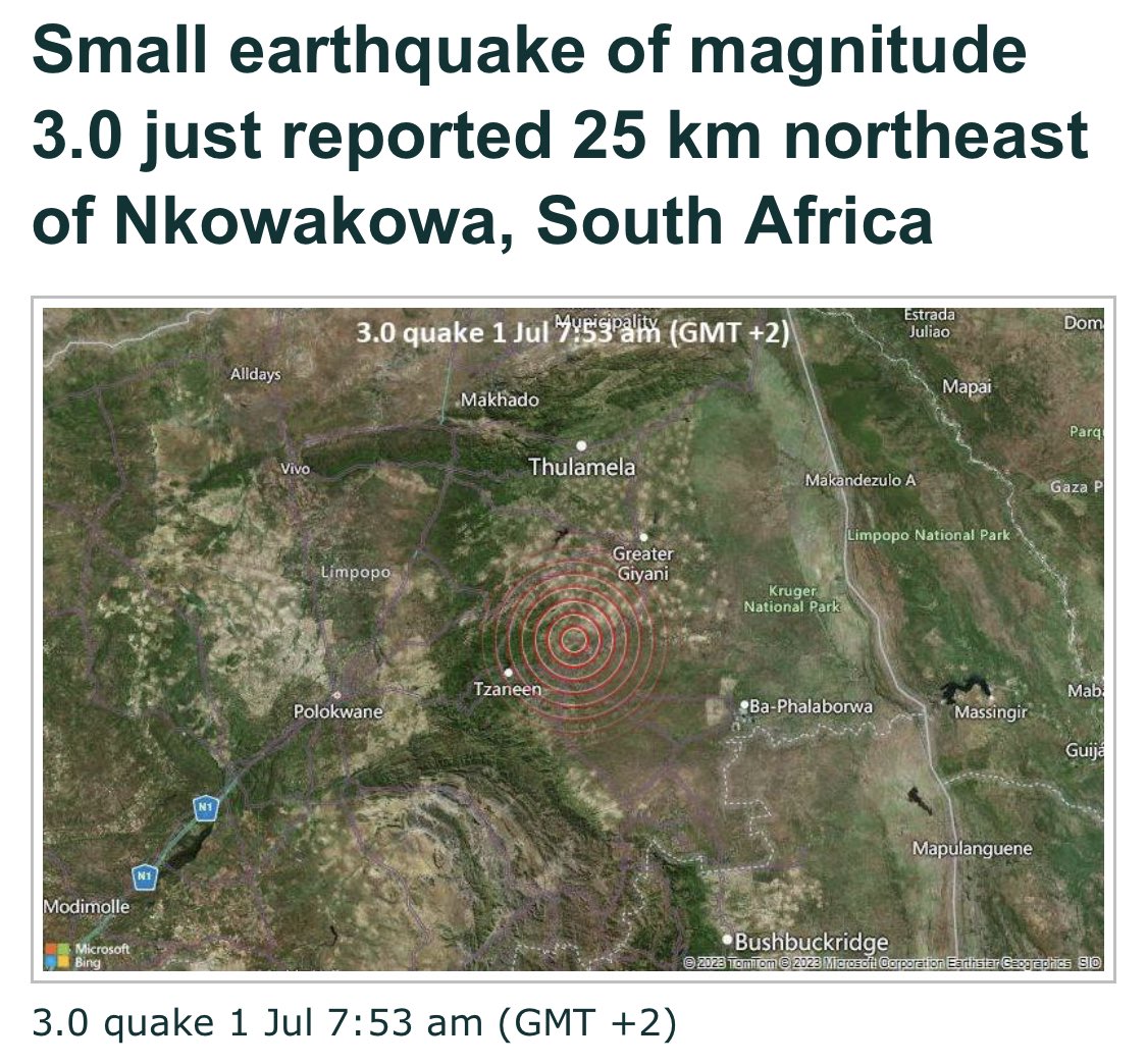 ghost_face_99's tweet photo. Small earthquake of magnitude 3.0 just reported 25 km northeast of Nkowakowa, South Africa 🇿🇦 😭😭😭wtf is happening guys 🤣#earthquake #neen https://t.co/tPN89QQPKI