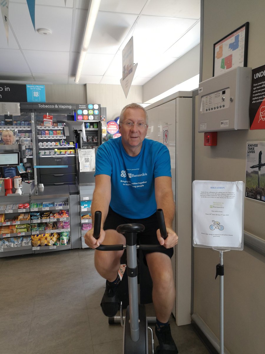 @ColinHayward20 on his day off contributing to our 482km Bikeathon target at Sandown Coop! ❤️ Thank you much appreciated!
@rickman_julian @skhouryhaq @barnardos @wicks_nigel
@coopuk 
#TeamSandown
#itswhatwedo
#loveafundraiser