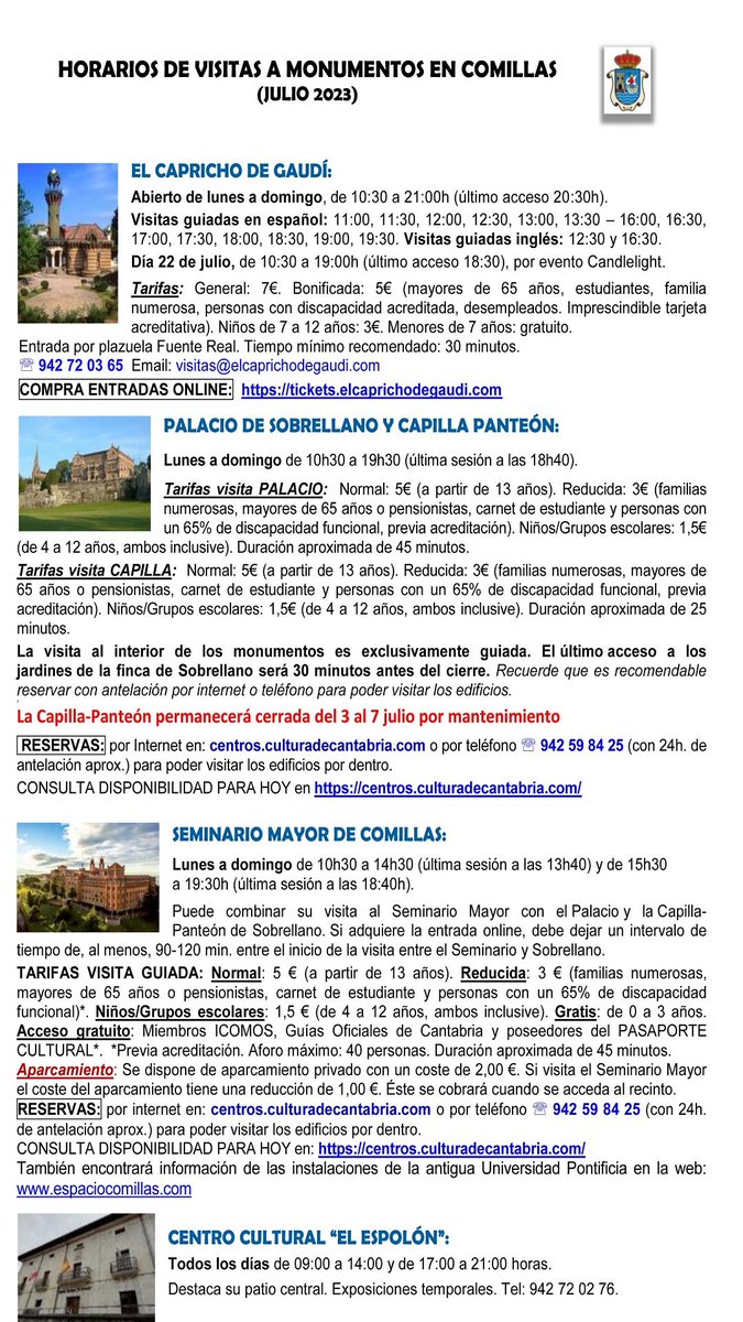 ¿ Visitas #Comillas en #julio ?

Toma nota y recuerda reservar tus entradas a los principales #monumentos 🎫 

ℹ️ comillas.es