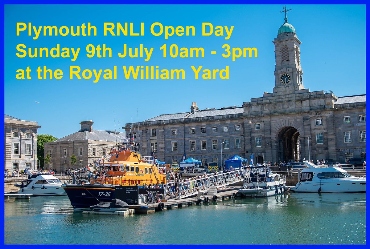 PlymouthRNLI's tweet photo. Plymouth RNLI Open Day 2023 at @TheRoyalWilliamYard 

10am – arrival of the lifeboats into the Marina

10:30 - 11:30am – all weather lifeboat demonstration, recovering a paddleboarder in difficulty

1:30 – 2:30pm – rescue demonstration, recovering an inflatable in difficulty. https://t.co/3nCvREKZ8w