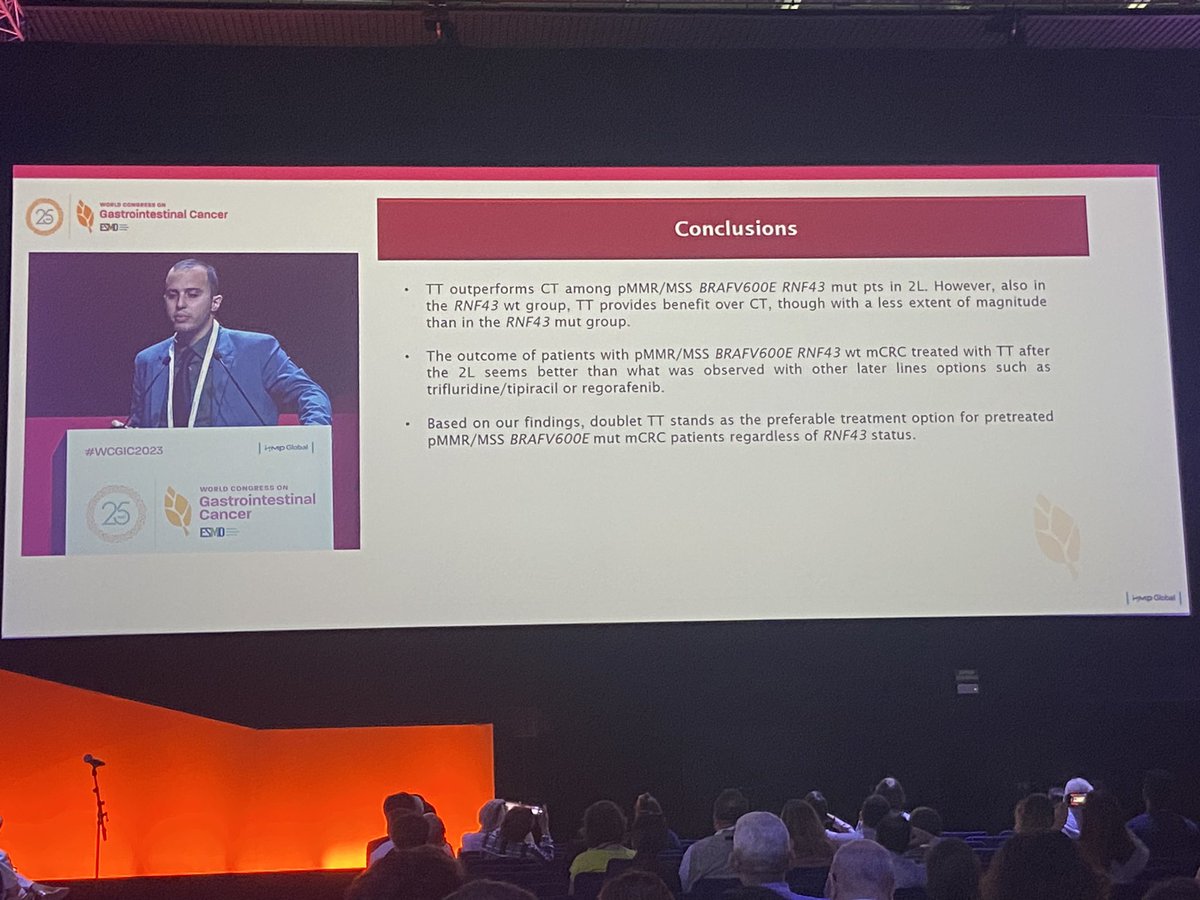 Marco Germani (@AoupPisana) presents on the predictive impact of RNF43 mutation in pMMR/MSS BRAFV600E mCRC patients treated with targeted therapy or chemotherapy. @myESMO #WCGIC2023 #GIsm #CRCsm
