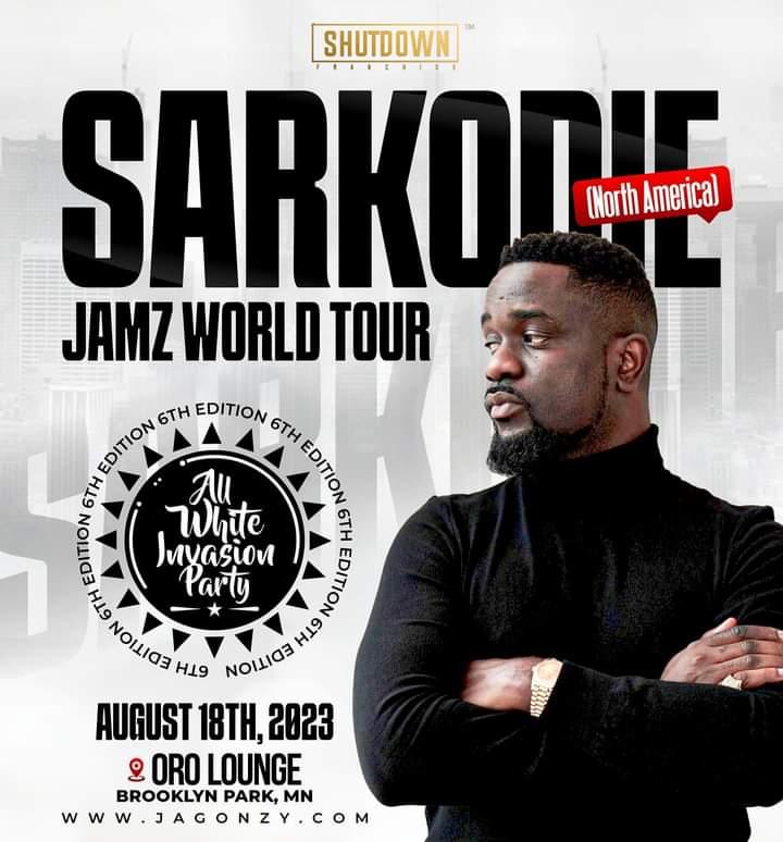 KwabsWireduAr's tweet photo. Sarkodie headlines the 6th edition of the Shut Down All White Invasion party in Minnesota on August 18,2023.   
For tickets, visist    https://t.co/4zuwGJd35c      

@JAGONZYTV #JamzUsTour https://t.co/HTQNDNyHrm