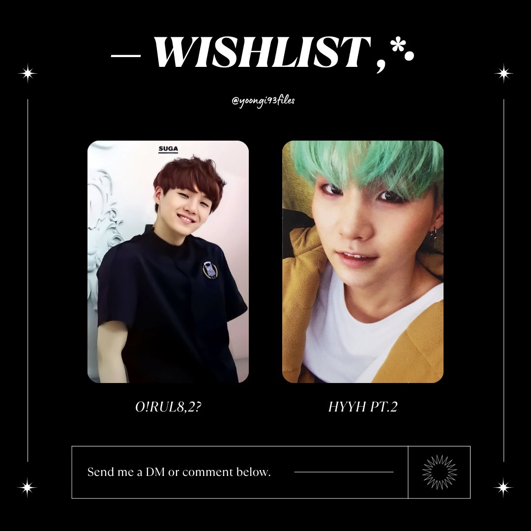 ꒰ wtb lfs ꒱

𓄲 wishlist: #kbuys

✉️ O!RUL8,2? &amp; HYYH PT.2 PC

⤷ prio onhand
⤷ mint / clean condi 
⤷ not in a rush
⤷ will take lowest offer
⤷ comment or dm me ur offers

🏷️ bts yoongi suga album pc photocard wtb lfs help rt