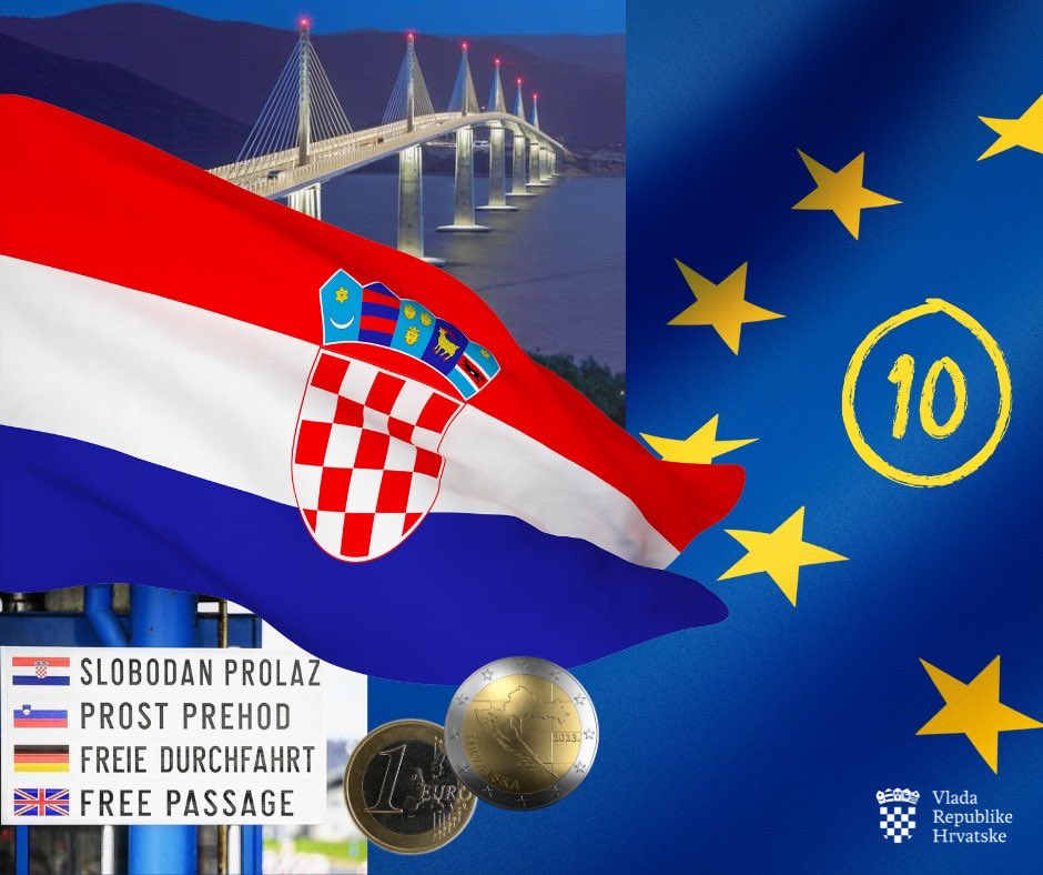 10 godina članstva u 🇪🇺: zajedničke vrijednosti, strateška postignuća i razvoj 🇭🇷. 
✅ Pelješki most
✅ #Schengen
✅ #Eurozone
✅ LNG terminal
✅ Fond solidarnosti za obnovu
✅ +10,7 milijardi € 
✅ rast plaća i mirovina
✅ najveća zaposlenost
✅ ulaganja diljem Hrvatske
