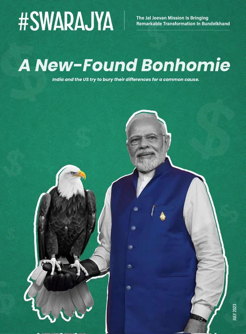 labstamil's tweet photo. Left: The Economist, a British magazine in its cover uses the image of a tiger - an "exotic", "oriental" sterotype to represent India being "petted" by US prez Biden. 

Right: Swarajya, an Indian magazine strikes back in the same vein in its cover- where Modi holds the American bald eagle (US national bird) in his safe palms!

New India!
