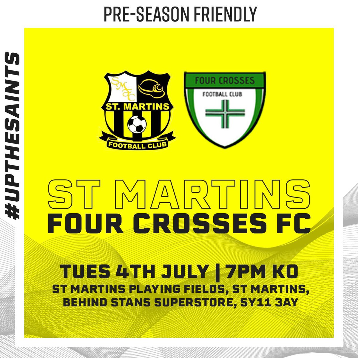St Martins Football Club (@st_martinsfc) on Twitter photo St Martins FC will play their first friendly on Tuesday 4th July 2023 where we entertain <a href="/FourCrosses_FC/">Four Crosses FC</a> with a 7pm Kick Off at Stans.
π‘β«οΈ St Martins FC will play their first friendly on Tuesday 4th July 2023 where we entertain <a href="/FourCrosses_FC/">Four Crosses FC</a> with a 7pm Kick Off at Stans.
π‘β«οΈ