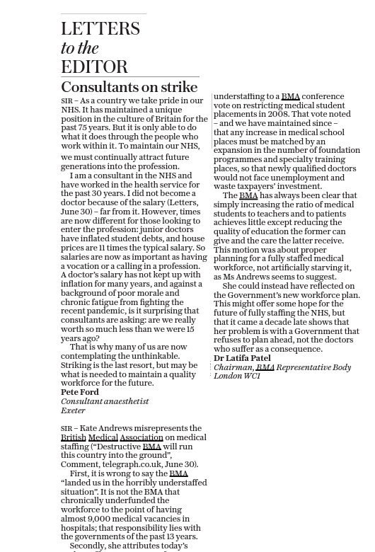 TheBMA's tweet photo. "It is not the BMA that chronically underfunded the workforce to the point of having almost 9,000 medical vacancies in hospitals; that responsibility lies with the governments of the past 13 years." Read @DrLatifaPatel's letter to the editor in today's Daily Telegraph. https://t.co/KFO3VYftZL