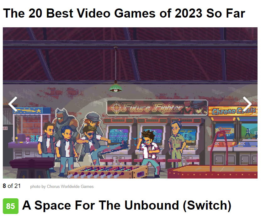Words can't express our gratitude to all Space Divers!
Your love and support are like a warm sunrise after the storm ✨

Best Video Games of 2023 So Far (at Midyear) : A Space For The Unbound (Switch) via <a href="/metacritic/">metacritic</a> 

metacritic.com/pictures/best-…
#indiegames #IndieGameDev