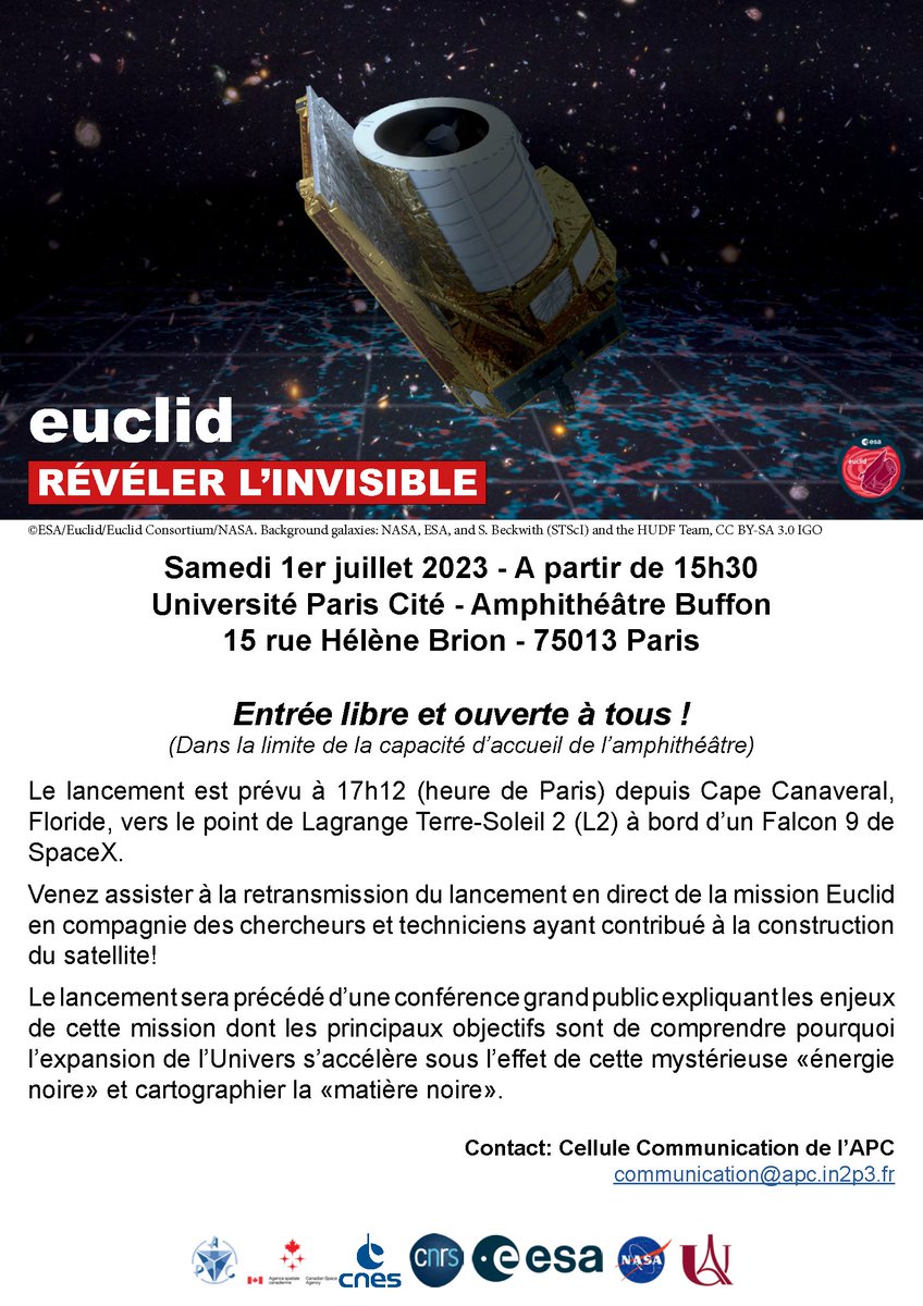 Ca y est nous y sommes presque! Dans quelques heures #ESAEuclid va décoller de Floride à destination  du point de Lagrange Terre-Soleil 2 (L2)🚀🤗🌏🌞! Nous vous attendons à partir de 15h30 <a href="/univ_paris_cite/">Université Paris Cité</a> <a href="/APC_Laboratory/">Laboratoire Astroparticule & Cosmologie</a>