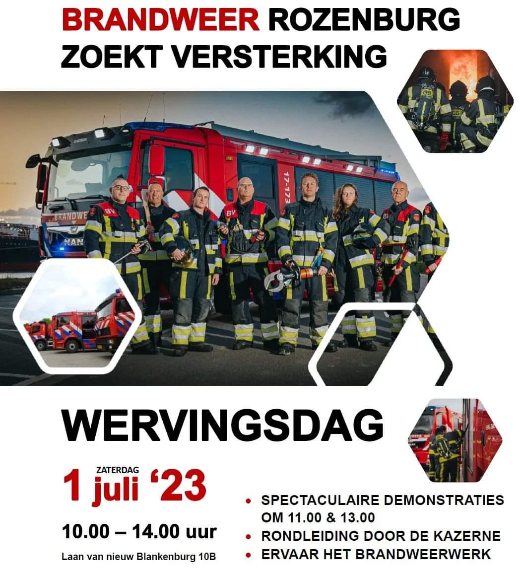 Za 01-07: Breng ik graag nog even extra onder de aandacht:
Wervingsdag Brandweer Rozenburg tot 14:00 uur op de Rozenburgse brandweerkazerne. Is de brandweer iets voor jou? Kom er vandaag achter!
❤️💛 #veiligmooiRozenburg 🔥🚒🚨
<a href="/Vr_RR/">Veiligheidsregio Rotterdam-Rijnmond</a> <a href="/BRWRozenburg/">VG Rozenburg 17-1731</a>