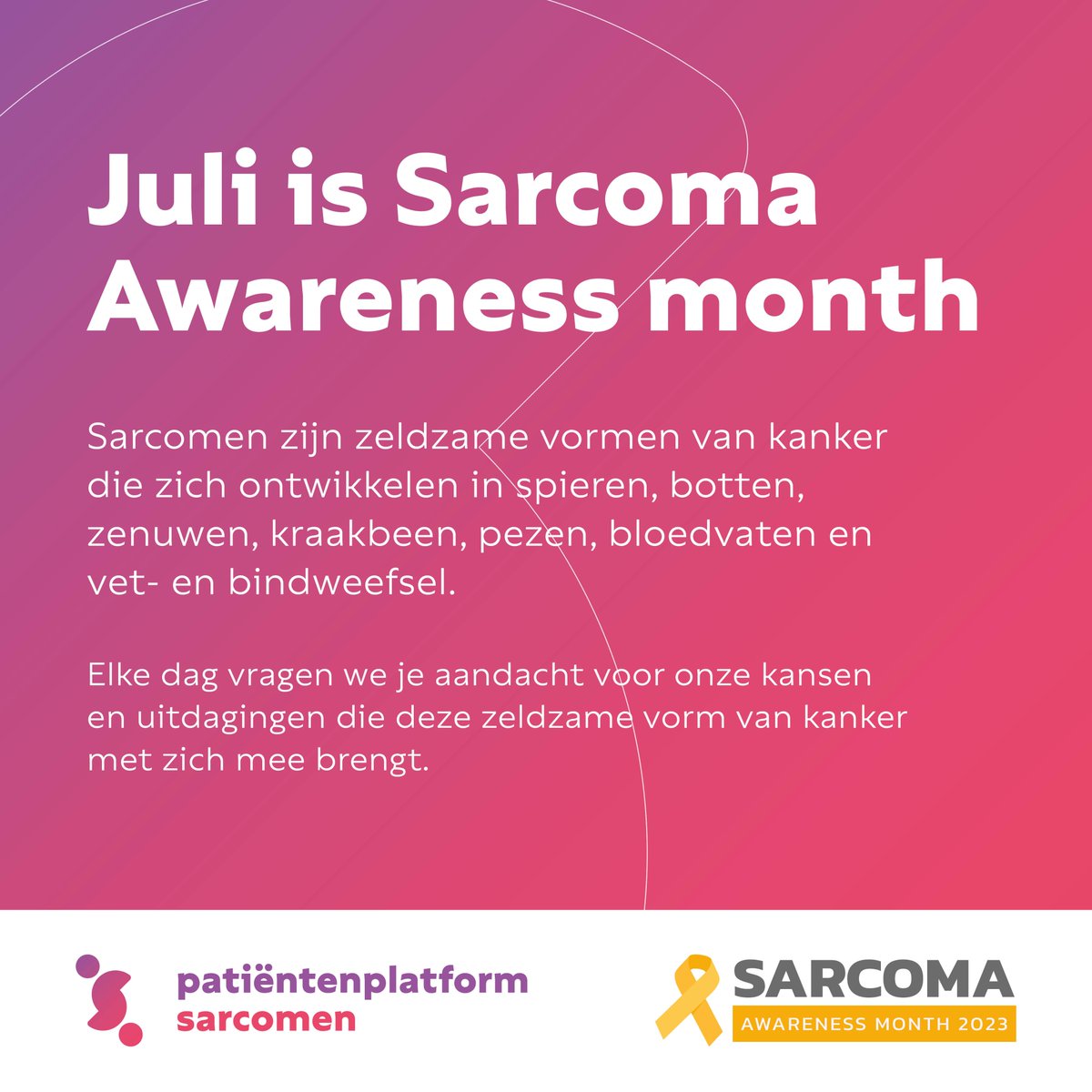 Sarcomen: zeldzaam, divers, moeilijk te herkennen en vaak moeilijk te behandelen. Elke juli vragen wij jullie aandacht voor sarcomen om ervoor te zorgen dat mensen met deze zeldzame vorm van kanker toch de best mogelijke kansen krijgen. Op naar beter! #sarcomaawarenessmonth23