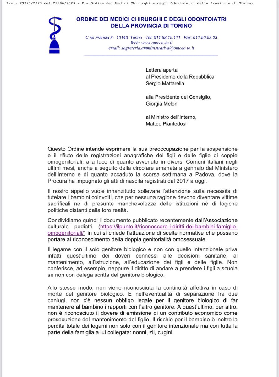 OmceoTo's tweet photo. 📢È con grande preoccupazione che #omceotorino esprime la sua posizione riguardo al rifiuto delle registrazioni anagrafiche dei figli di coppie omogenitoriali.
Il nostro ordine invia una lettera alle Istituzioni. #genitori #figli #presidenterepubblica #presidenteconsiglio https://t.co/9MS05OAlU4