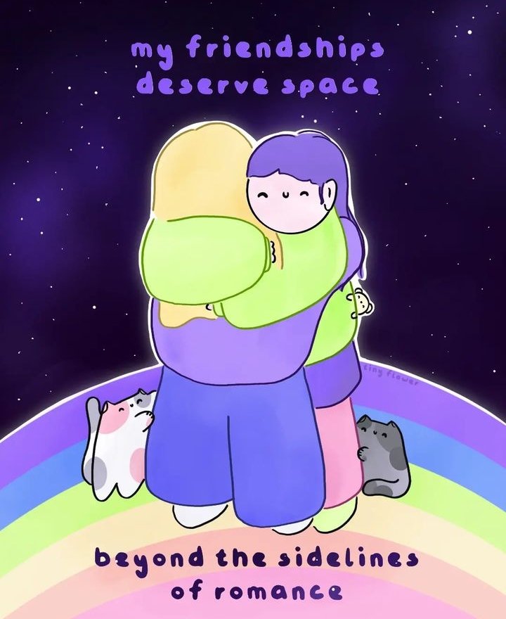 joyoffriendship's tweet photo. Credit: @tinyflowerclub on Instagram
Your friendships deserve space beyond the sidelines of romance! 💚🖤🤍
#friendship #amatonormativity #noromo #platoniclove #platonicloveislove #aromantic #aromanticpride #aromanticpositivity #aro #aropride #aropositivity #arospec https://t.co/cmt6s8FTXG