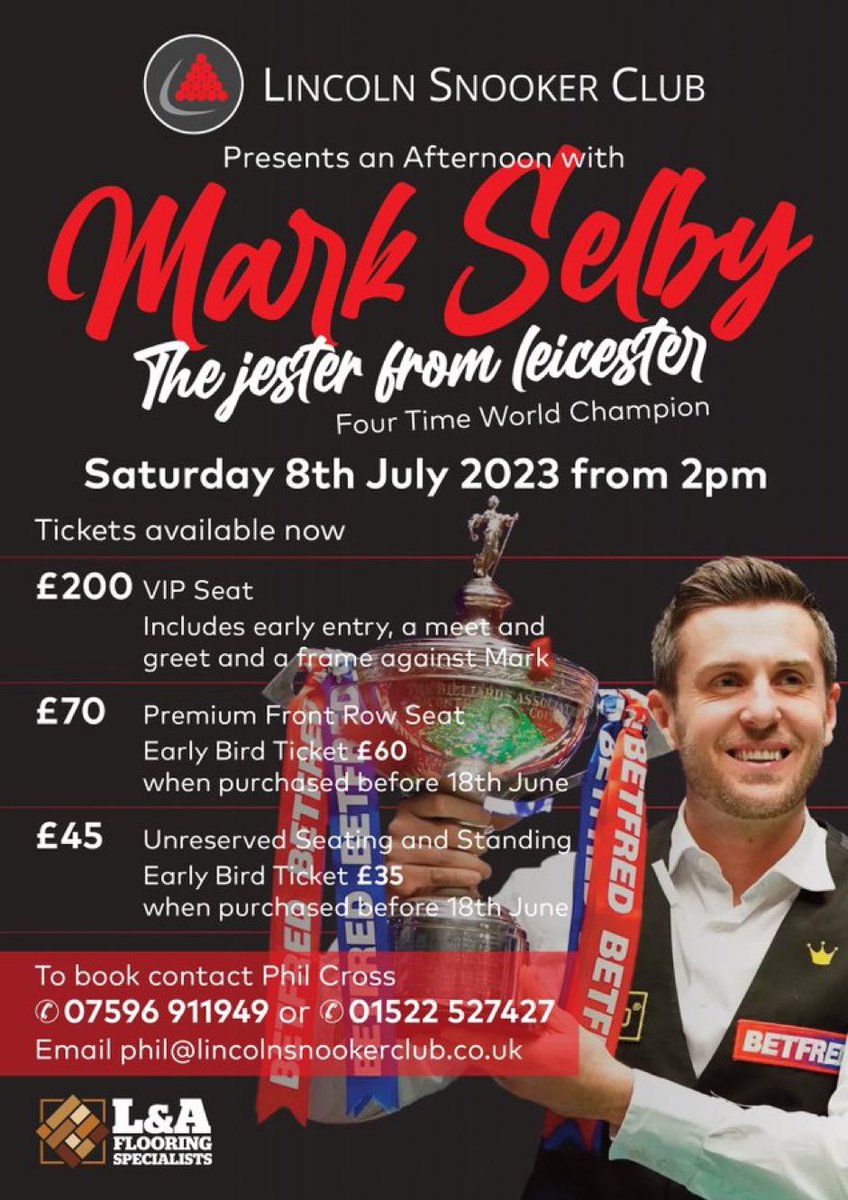One week to go until the 4 time World Snooker Champion Mark Selby walks through the doors of our club. Still around 20 standard tickets left, secure yours now. @markjesterselby