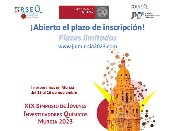 JIQ_Murcia2023's tweet photo. 🔊🔊🔊¡¡¡Acabamos de abrir el proceso de inscripción al XIX Simposio de Jóvenes Investigadores Químicos!!
¡No te quedes sin tu plaza!😉

Más información en https://t.co/qbphkEYoQh https://t.co/9d00SoJ7BF