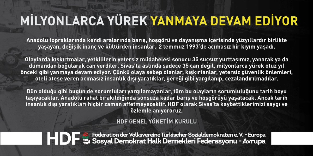 #Sivas #2Temmuz1993 #SivasKatliamı #madimakoteli #madımak 

Sivas katliamını unutmadık !