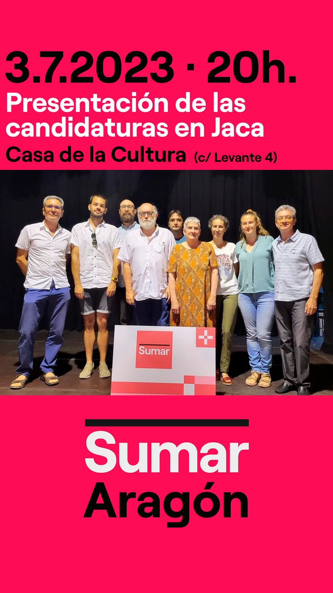🗓️Lunes 3 de julio 
Chaca

Presentación de la candidatura al Congreso y Senado de <a href="/sumar/">Sumar</a> Aragón de la provincia de #Huesca.

📍Casa de la Cultura 
🕢 20.00 horas 

Juntas compañeras y compañeros de <a href="/PodemosAragon/">Podemos Aragón</a> <a href="/chunta/">Chunta Aragonesista</a> <a href="/EquoAragon/">Partido Verde. Aragón</a> <a href="/sumar/">Sumar</a> e <a href="/iu_aragon/">IU Aragón🔻✳️</a>
