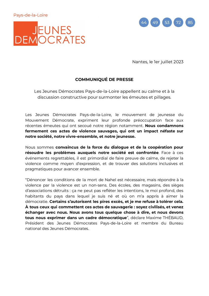 JDemPDL's tweet photo. 🗣"Certains s’autorisent les pires excès, et je me refuse à tolérer cela. À tous ceux qui commettent ces actes de sauvagerie : soyez civilisés, et venez échanger avec nous."
👉Découvrez notre déclaration suite aux émeutes et pillages des derniers jours. https://t.co/7lYhF5Y0ti