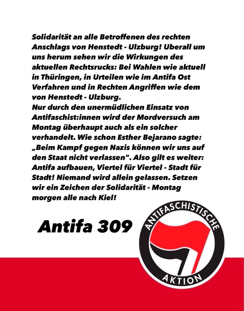Solidarische Worte vom Antifa 309 (@Antifa309) an die Betroffenen der rechten und rassistischen Auto-Attacke in Henstedt-Ulzburg. Am Montag (3.7.) alle zum Prozess nach #Kiel. Infos: tatorthenstedtulzburg.noblogs.org #tatorthu #noafd #nonazis #antifa #solidarität #fightback