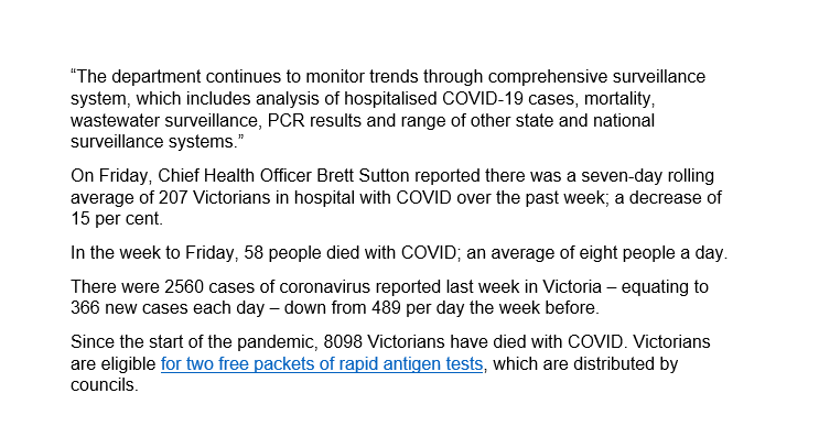 Victoria will no longer count self-reported cases of COVID-19.

#COVID19Vic <a href="/MaryAnneThomas/">Mary-Anne Thomas MP</a> <a href="/VicGovDH/">Victorian Department of Health</a> 

Source: smh.com.au/national/victo…