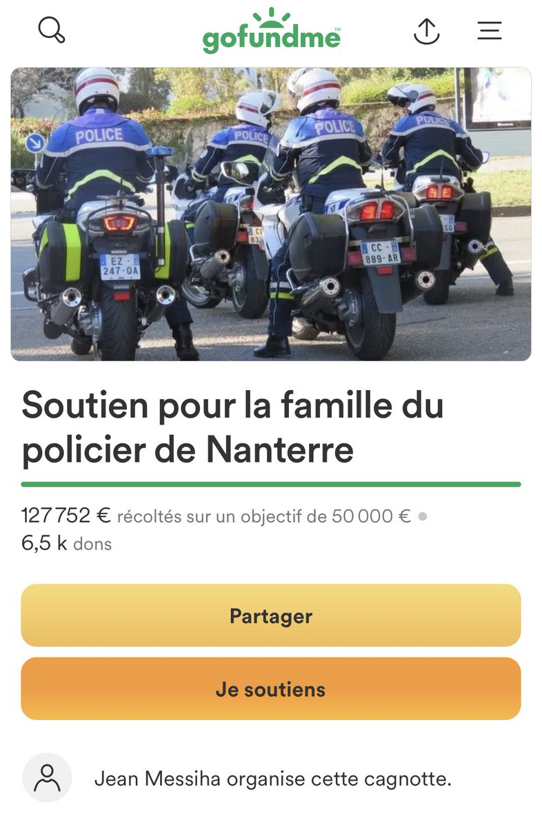 Elies13700's tweet image. La cagnotte pour le policier qui a tué Nahel a 127 700€ tandis que celle pour la famille a 53 300€ ca dégoûte