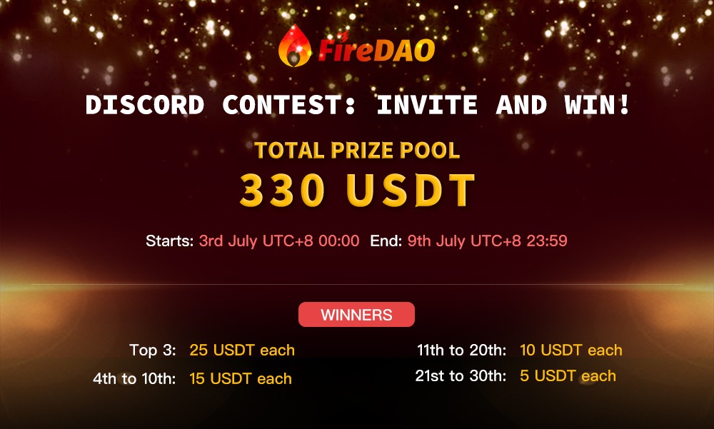 FireDAO Discord First Phase Invitation Contest: Invite and Win!

Total Prize Pool: 330 USDT
Contest Duration: 1 week (3rd July UTC+8 00:00 - 9th July UTC+8 23:59)

discord.gg/firedao
This contest aims to foster a strong and knowledgeable community that shares the mutual…