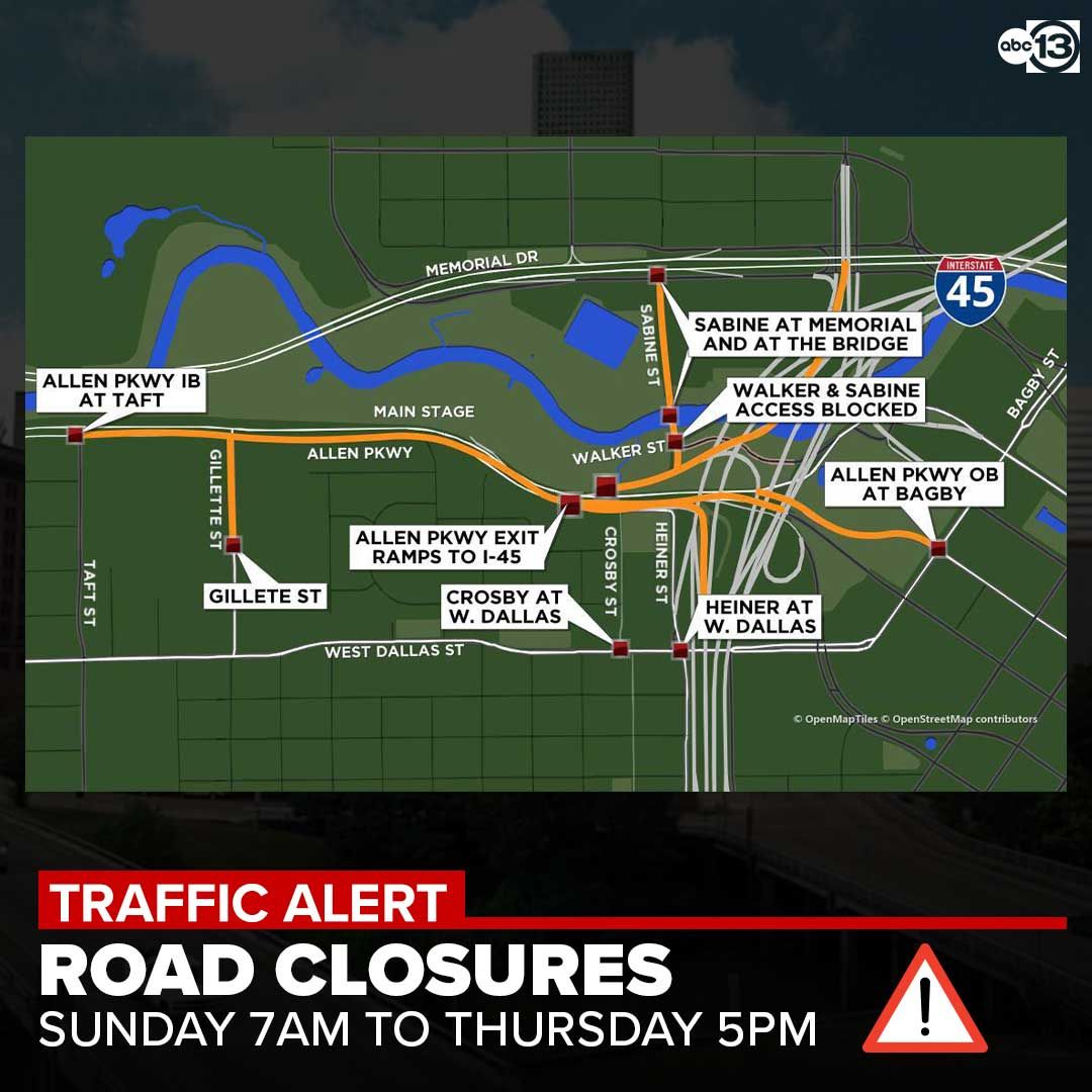 abc13houston's tweet photo. Plan your route wisely! 🚧 Avoid these closures and detours as the city gears up for July 4th! https://t.co/EmXgVqoNlt