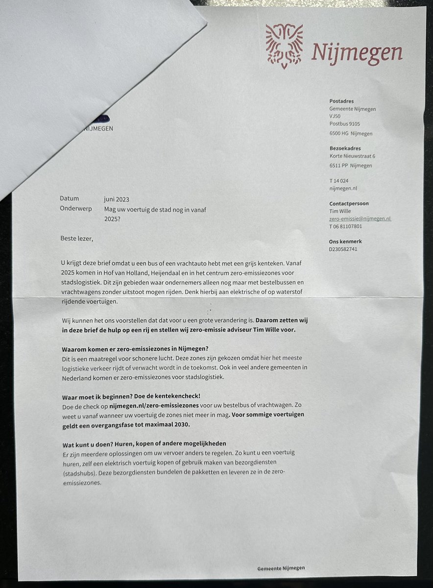 Zojuist post van de @gem_Nijmegen 
Zero-emissiezones 🫨

Kentekencheck of je nog wel welkom bent als hardwerkende ondernemer in #Nijmegen. 
Dwazen! 

#knettergek #klimaathysterie