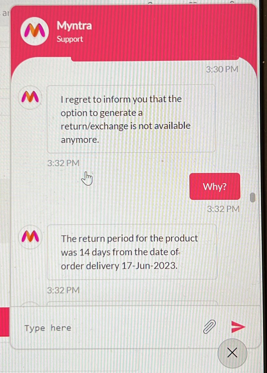 CyberboySj's tweet photo. Unable to process exchange on my order and today’s the last day. App is showing error and Customer support saying the return/exchange window is over !
@myntra @MyntraSupport  can you please help? https://t.co/t7fIeUzwFJ