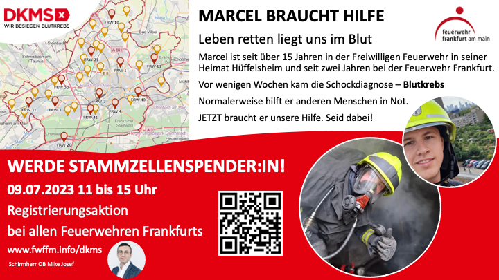 Für unseren Kollegen Marcel (und viele andere) machen wir zusammen mit <a href="/DKMS_de/">DKMS Deutschland</a> am 9.7. von 11-15 Uhr eine riesige #Registrierungsaktion an allen unseren Standorten der #Feuerwehr #Frankfurt 👉 fwffm.info/dkms
Macht alle mit: Mund auf. Stäbchen rein. Spender sein.