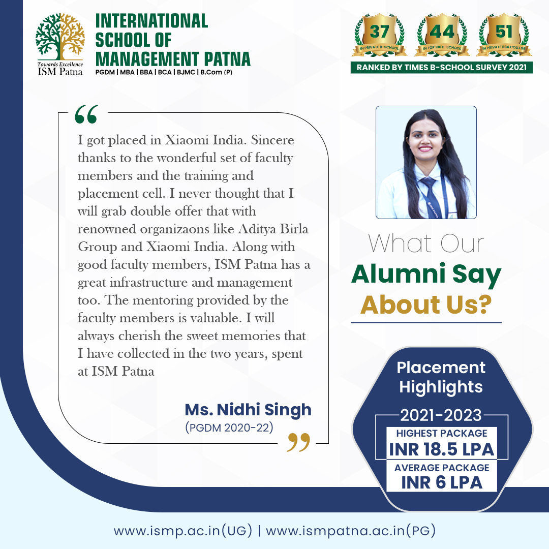 Thank you for your graceful words, Ms. Nidhi Singh. It's the students who have made ISM what it is now. 

Call now- 1800-123-0945
Apply - ismp.ac.in/enroll/

#testimonial #PGDM #students #studentfeedback #placements #bestcollege #career #success #bestbschoolinbihar #ISM