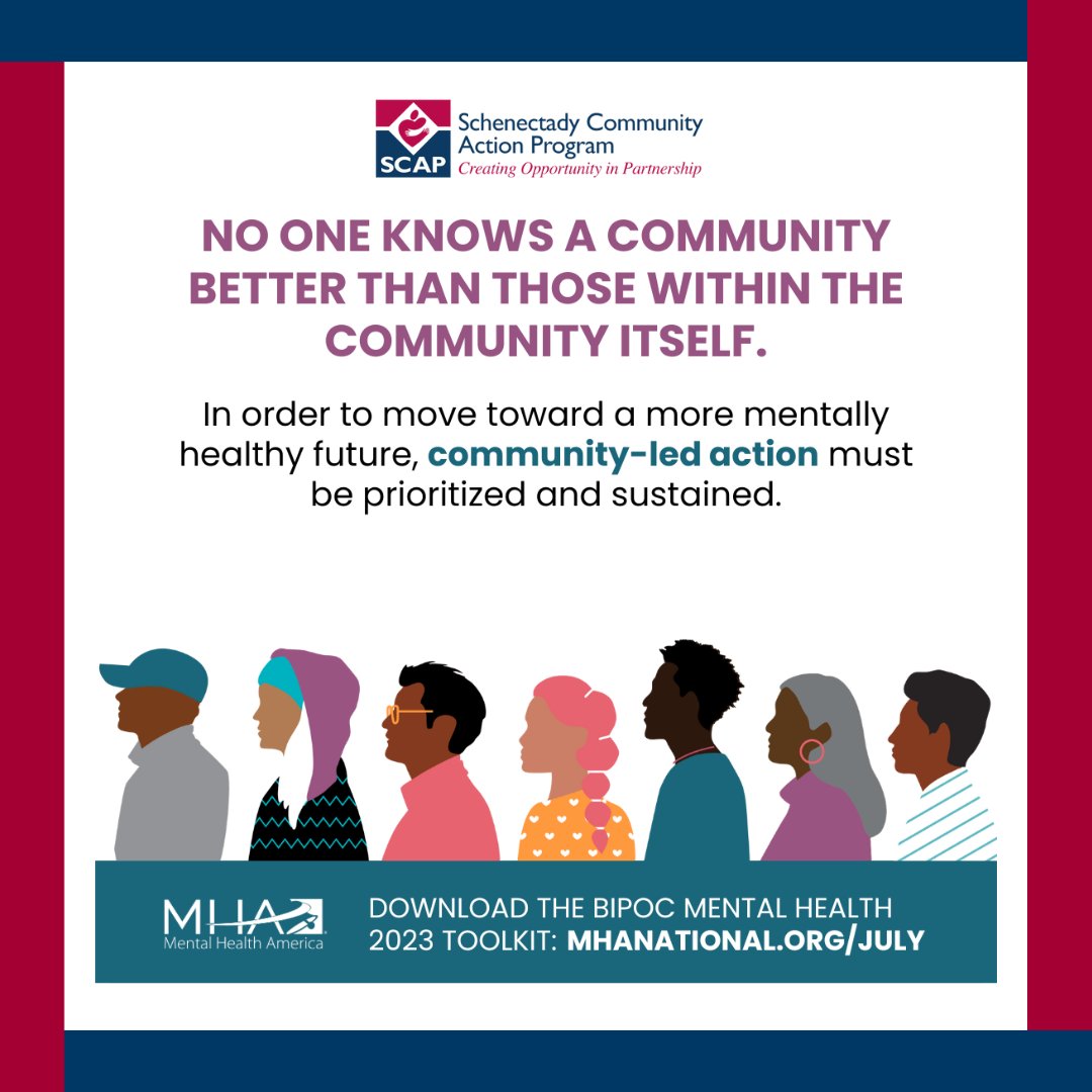 SCAPNY's tweet image. July is National Minority Mental Health Awareness Month and the theme is Culture, Community, and Connection. Who &amp;amp; what we are surrounded by impacts our mental health and overall wellness. Culture, community, and connection are pillars that support and uplift BIPOC individuals.