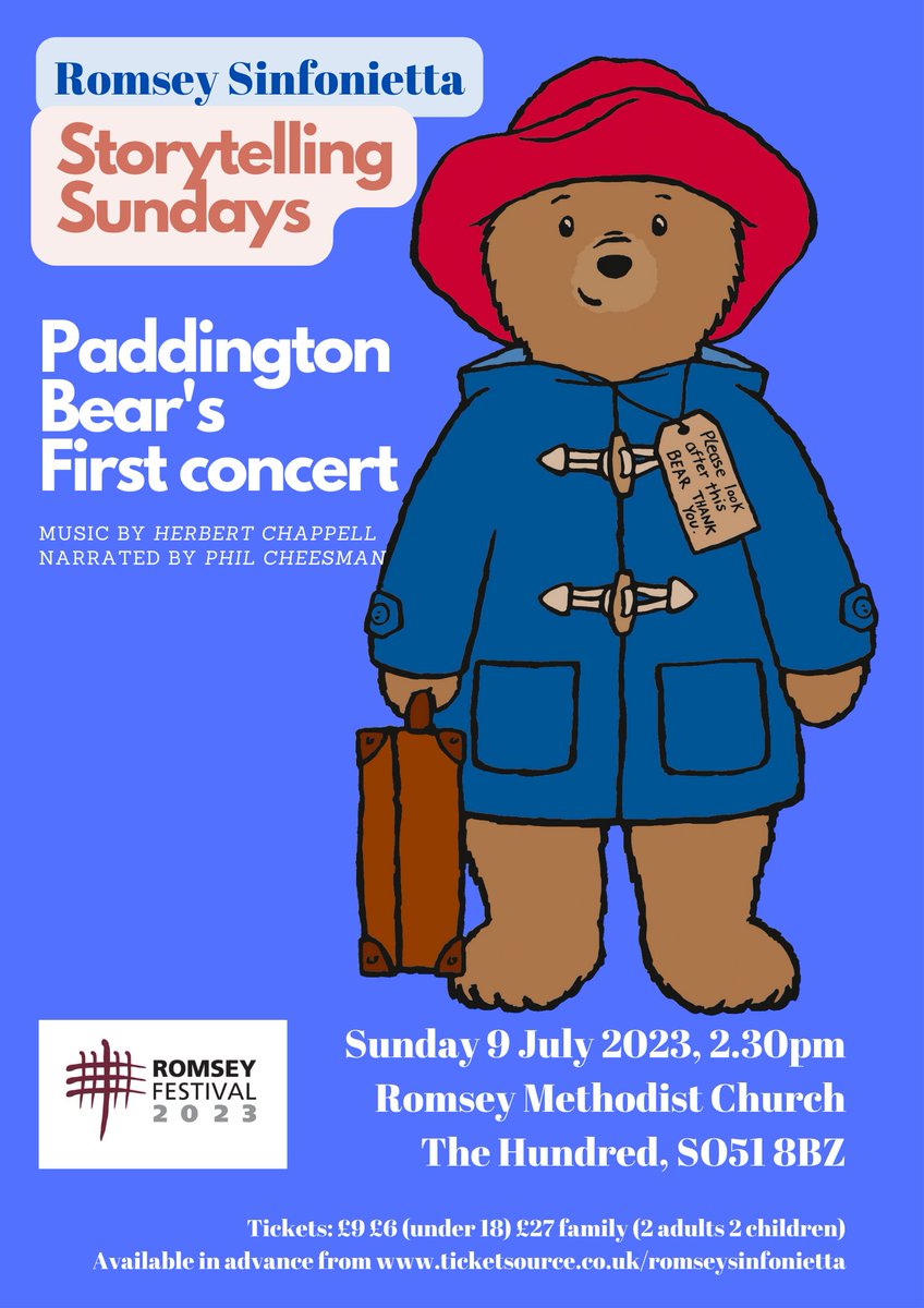 Coming soon to <a href="/RomseyFestival/">Romsey Festival</a> an afternoon concert about a very famous little bear! Narrated by the wonderful <a href="/DaddyCheese/">Phil Cheesman</a>
Sunday 9th July, 2.30pm at <a href="/RomseyMethodist/">Romsey Methodist Church</a> 
Tickets available now! 
ticketsource.co.uk/romseysinfonie… 
#RomseyFestival #Paddington #LiveMusic